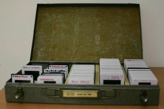 A small box of slides held in Liam O’Leary Archive 
