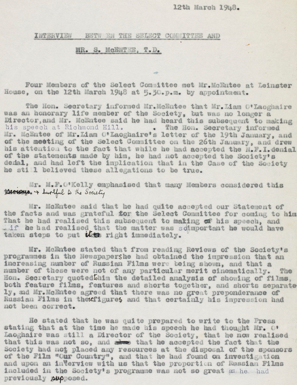 MS 50,000/76/6: Interview notes between the Irish Film Society select committee and Seán McEntee T.D.