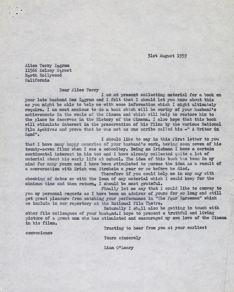 MS 50,000/374/25; First of many letters from Liam O’Leary to Alice Terry